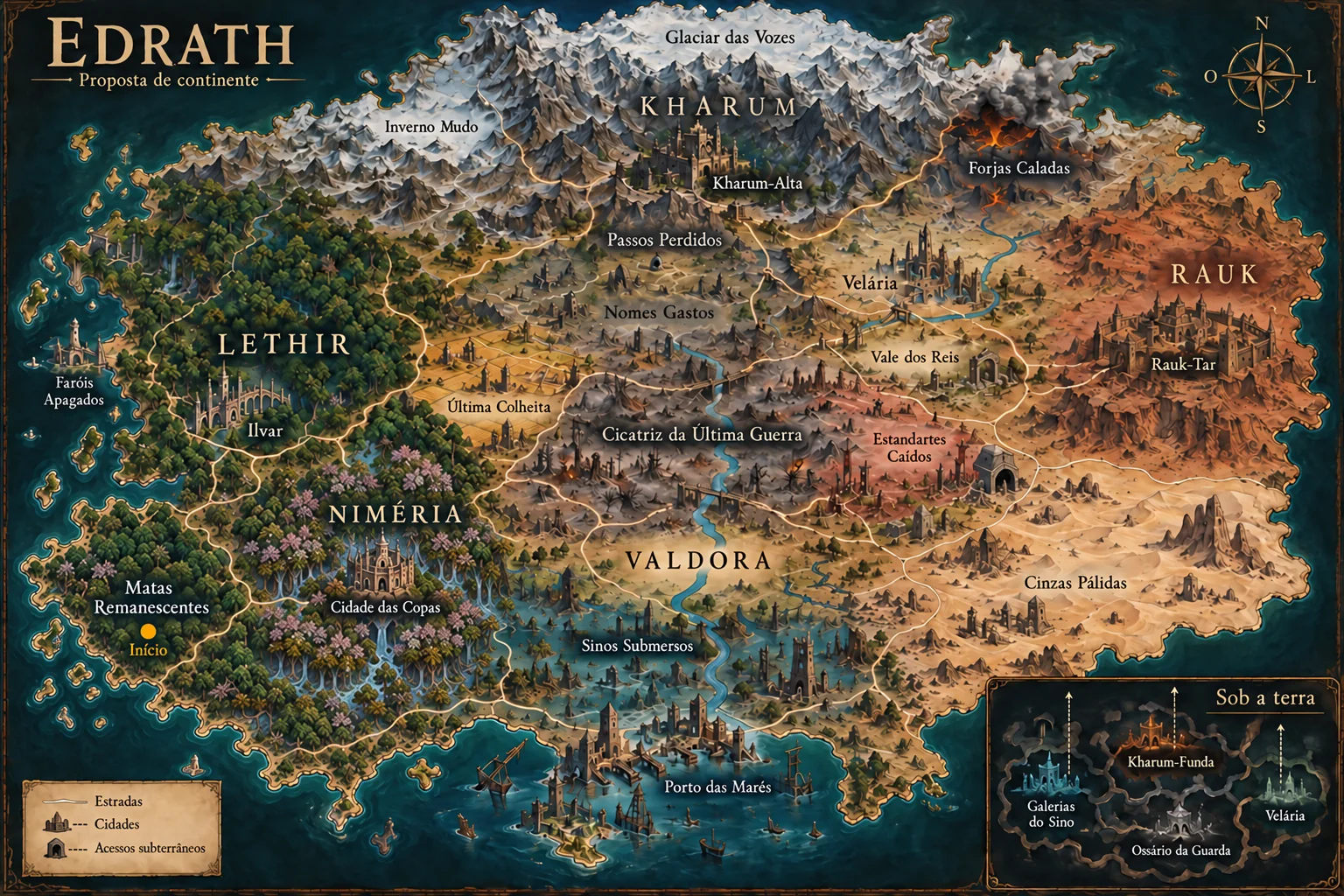 O mapa do continente de Edrath, com seus reinos, cidades e estradas
