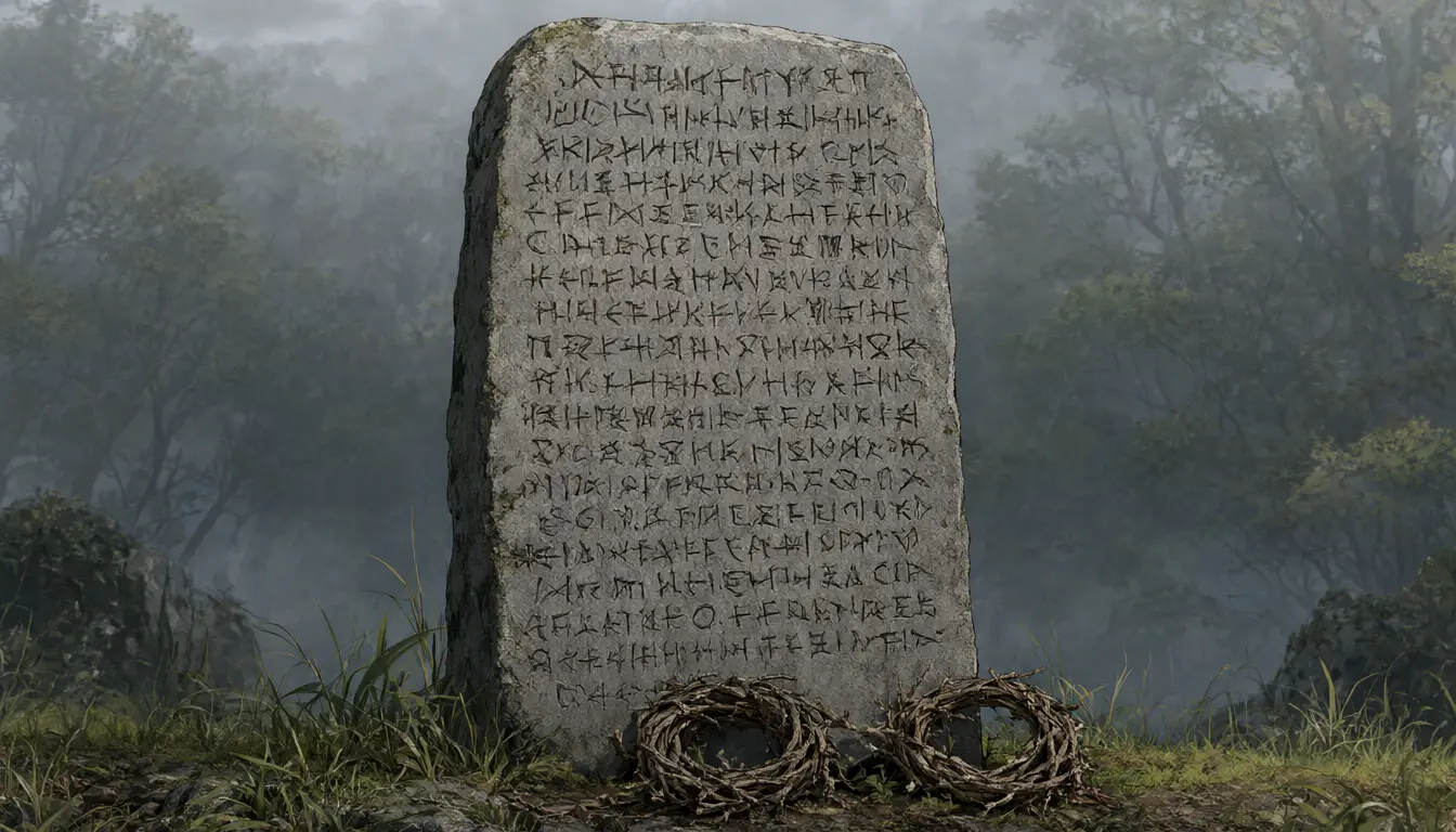 Uma pedra coberta de inscrições na névoa